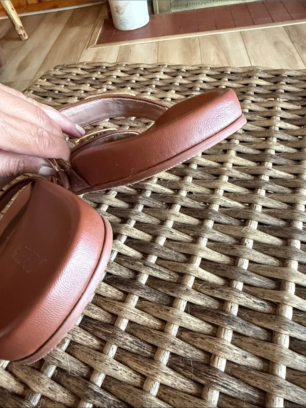 J. Crew Tan Slide Sandals with Cream Straps and Gold Buckles